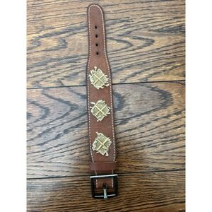 BKE Brown Leather Wide Cuff Bracelet Burlap Stitching Adjustable Buckle Closure